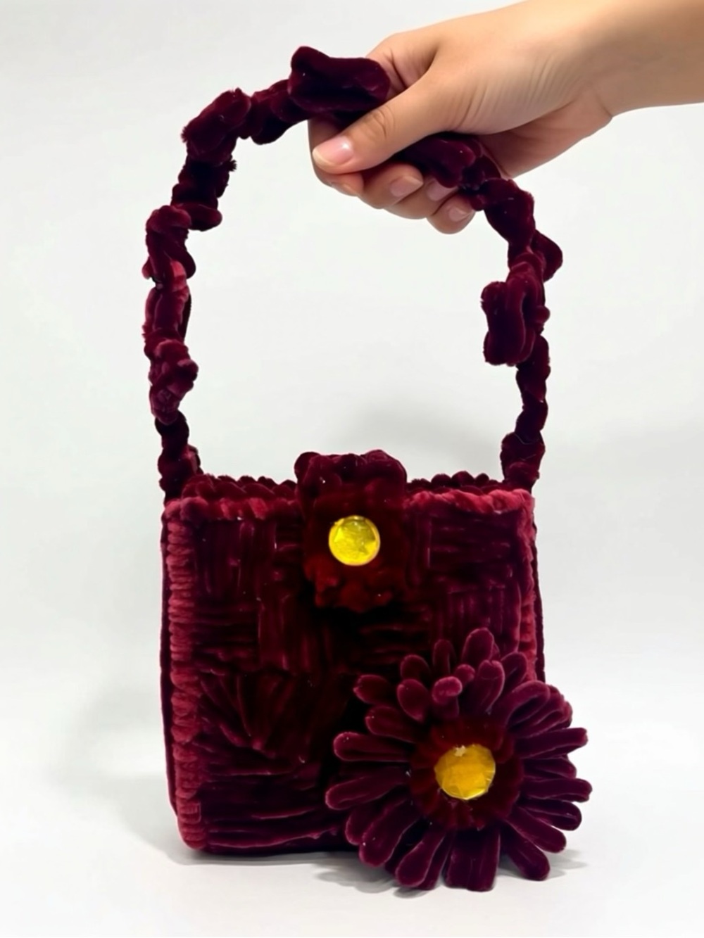 Velvet Floral Mini Bag in Deep Burgundy